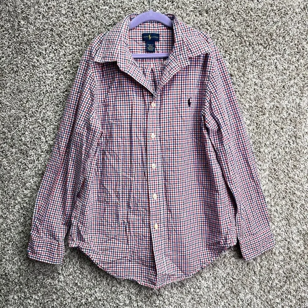 Ralph Lauren Shirt Boys M 10-12 Cotton Red, Blue & White Plaid Long Sleeve Butto